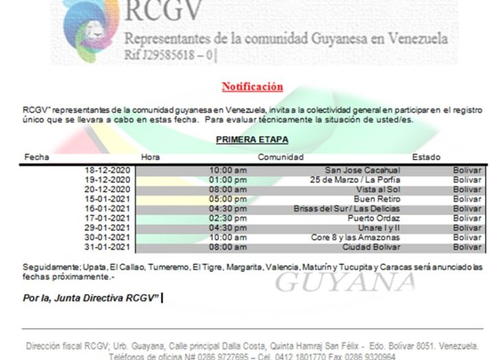 Rcgv invita a la comunidad guyanesa al registro único