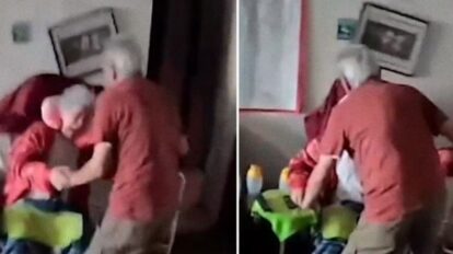 Pareja de ancianos se apoya mutuamente durante el terremoto
