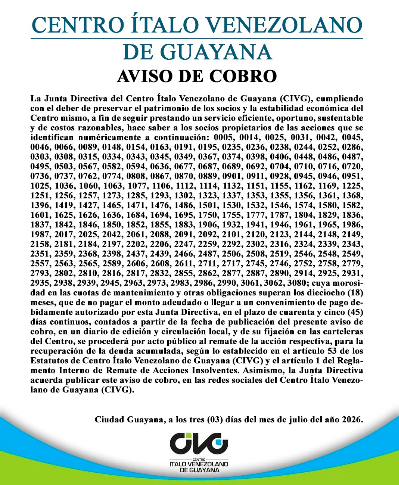 Aviso de cobro centro italio venezolano de Guayana