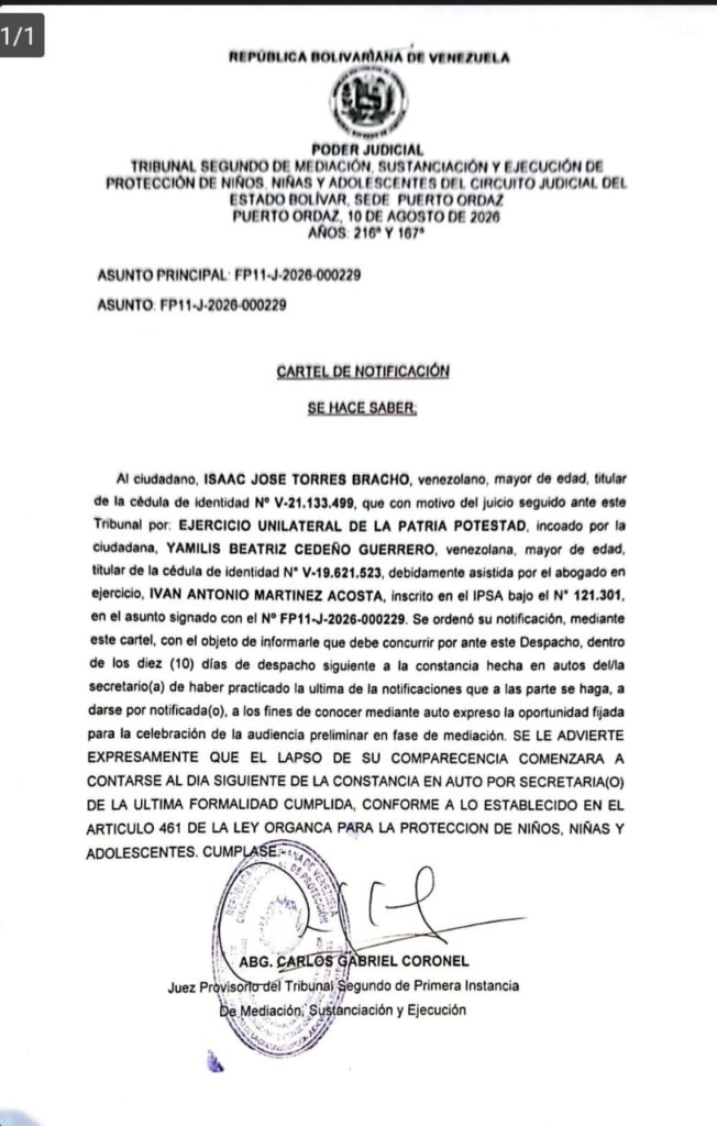 Cartel de notificación proceso de patria potestad