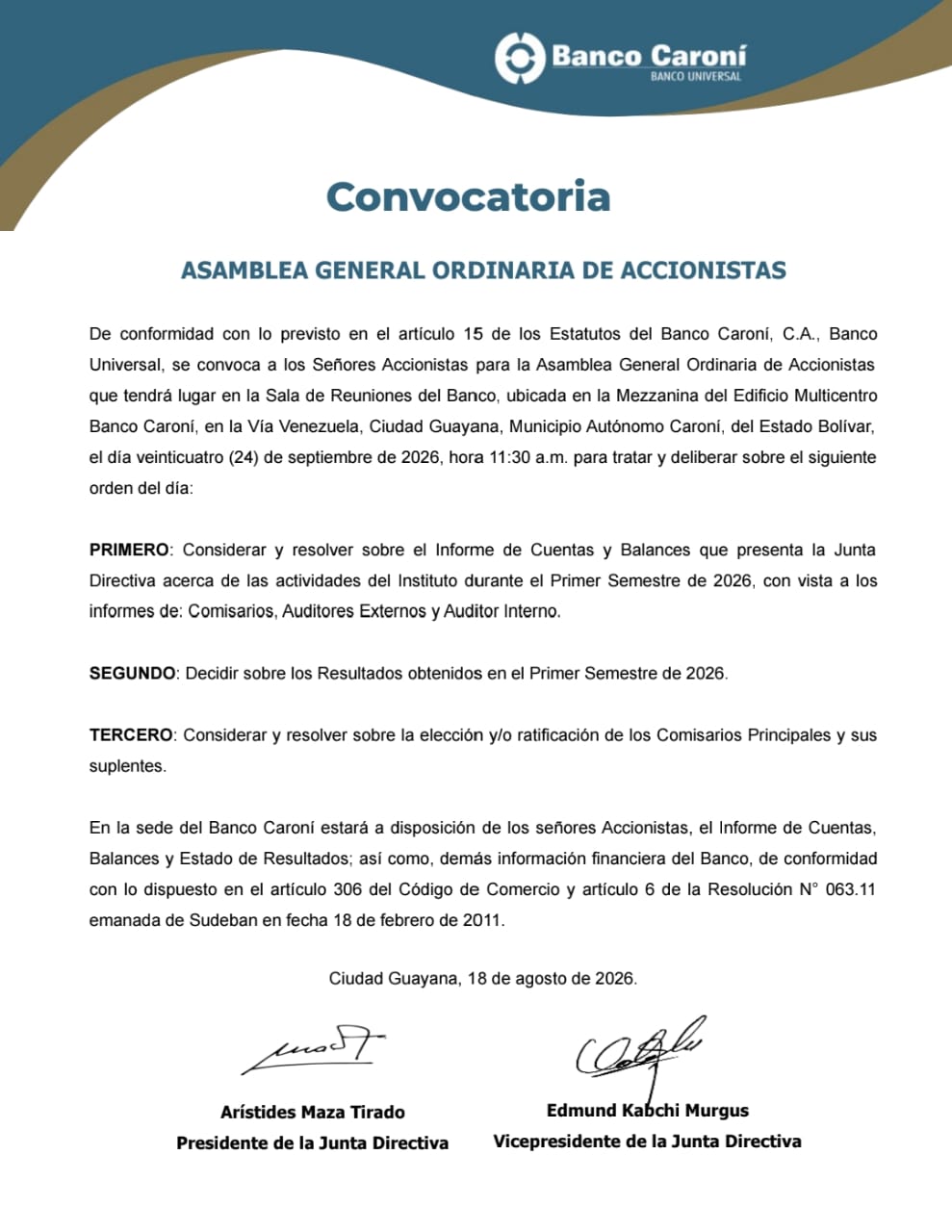 convocatoria asamblea Banco Caroní