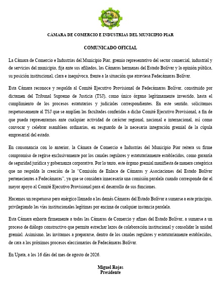 Cámara de comercio Piar respalda a Fedecámaras Bolívar