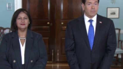 Marco Rubio y Dinorah Figuera durante una reunión en Washington sobre la transición democrática en Venezuela.