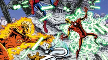 Ilustración del crossover de Marvel y Star Wars con Spider-Man y Luke Skywalker combatiendo juntos
