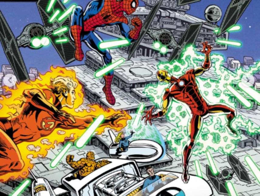 Ilustración del crossover de Marvel y Star Wars con Spider-Man y Luke Skywalker combatiendo juntos
