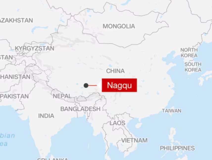 Ubicación de Nagqu, en el norte del Tíbet chino, donde se registró un terremoto de magnitud 7.