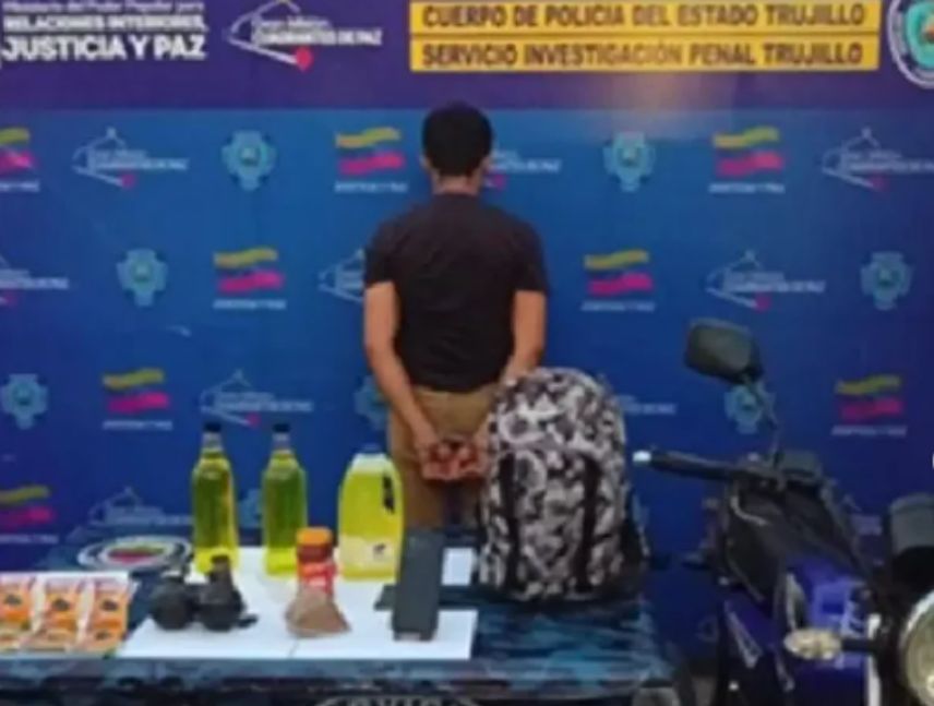 Sustancias químicas y otros objetos incautados durante la detención de un sospechoso investigado por las intoxicaciones en escuelas de Trujillo.